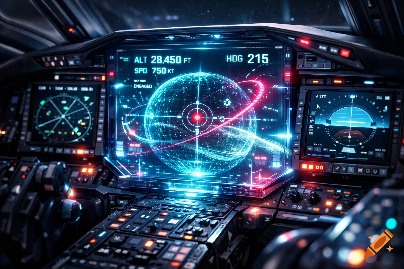 A close-up view of a futuristic aircraft cockpit with multiple glowing blue and red digital displays showing flight data and a holographic globe.