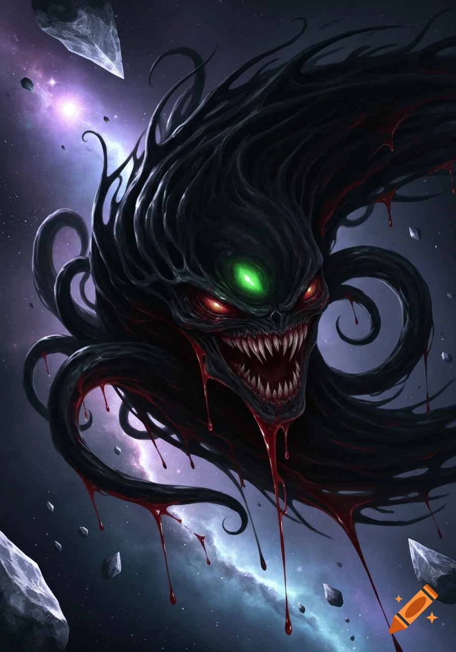 A menacing black symbiote monster with sharp teeth, glowing red and green eyes, and dripping blood, against a cosmic background with stars and meteors.