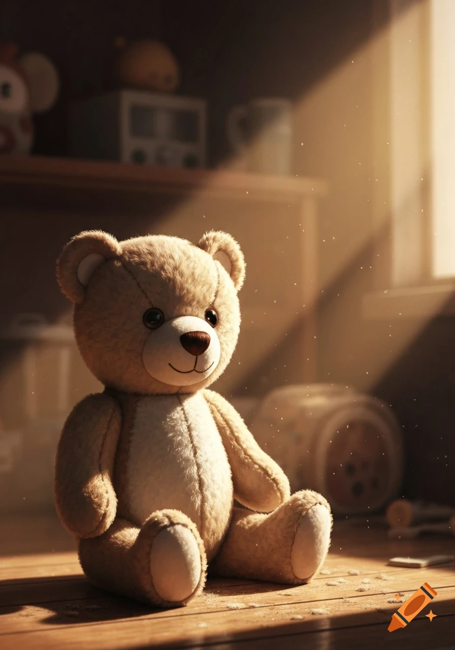 A cuddly brown teddy bear sits on a wooden floor, bathed in warm sunlight with visible dust motes. Photorealistic style.