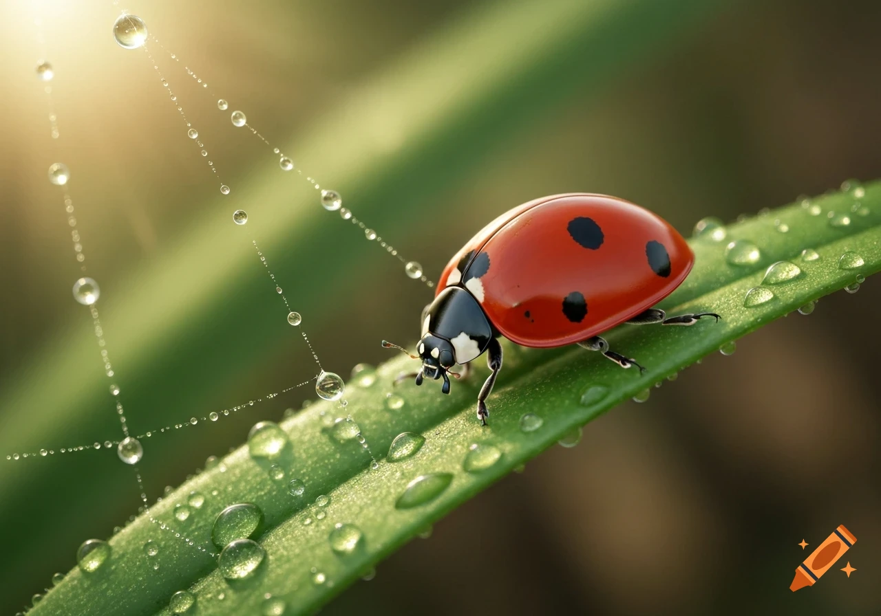 Photorealistic close-up of a red ladybug on a dew-covered green leaf with a spiderweb glistening with water droplets.