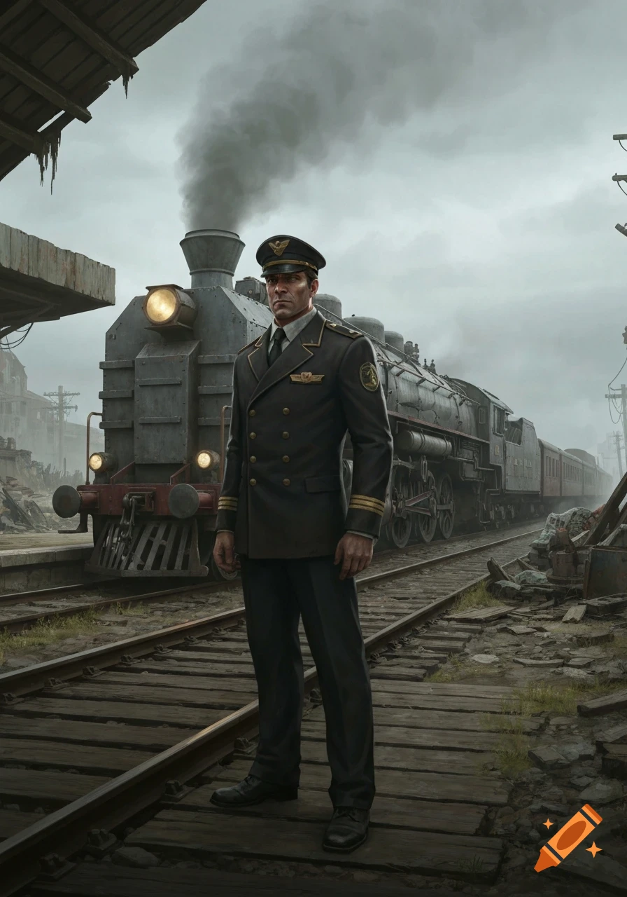 A serious train conductor in a dark uniform stands on tracks before a smoking steam train at a gritty, overcast station.