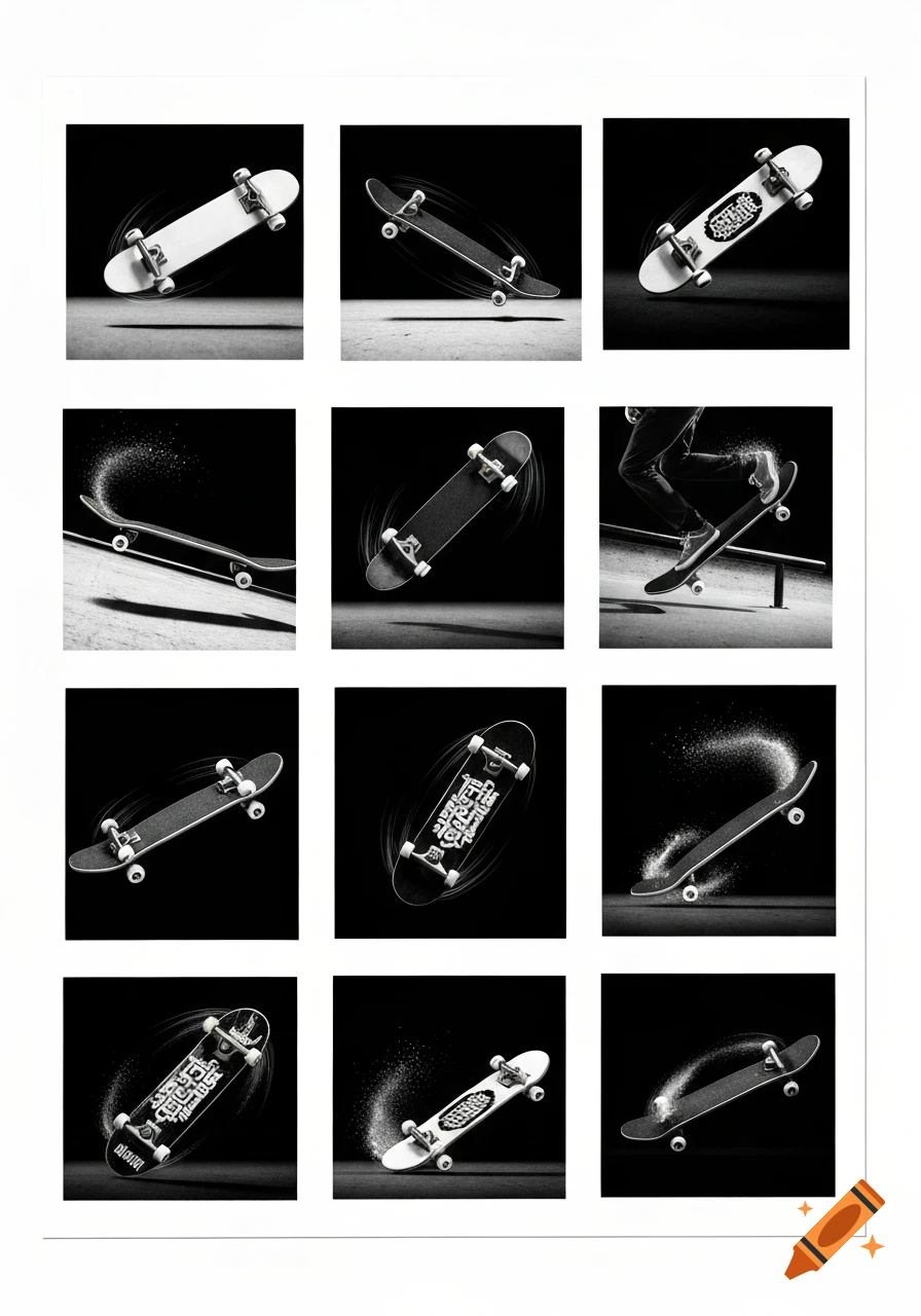 A grid of black and white images showcasing various skateboards in dynamic action, including a close-up of a person skateboarding.