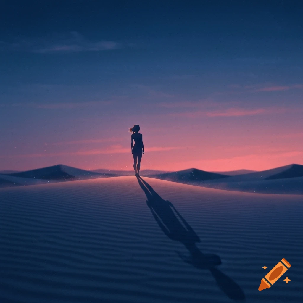 A stylized silhouette of a woman stands on a desert dune at sunset, casting a long shadow under a pink and blue sky.