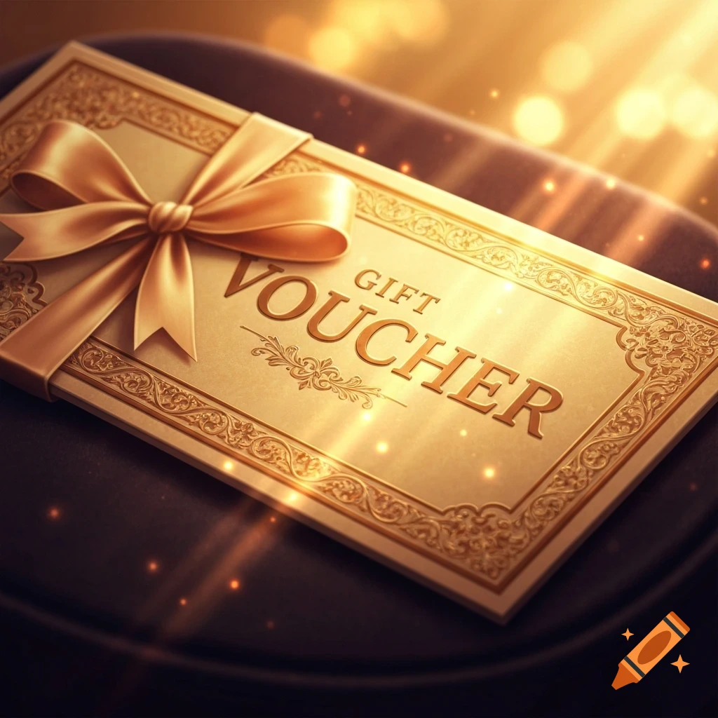 A golden gift voucher with a golden ribbon bow, intricate borders, and text reading "GIFT VOUCHER", shimmering with light.