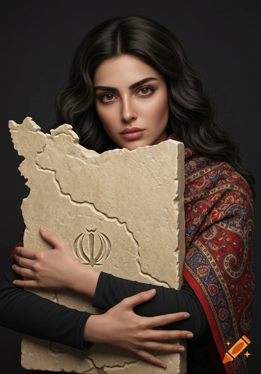A dark-haired woman in a traditional patterned shawl holds a stone tablet shaped like Iran's map with its national emblem carved into it.