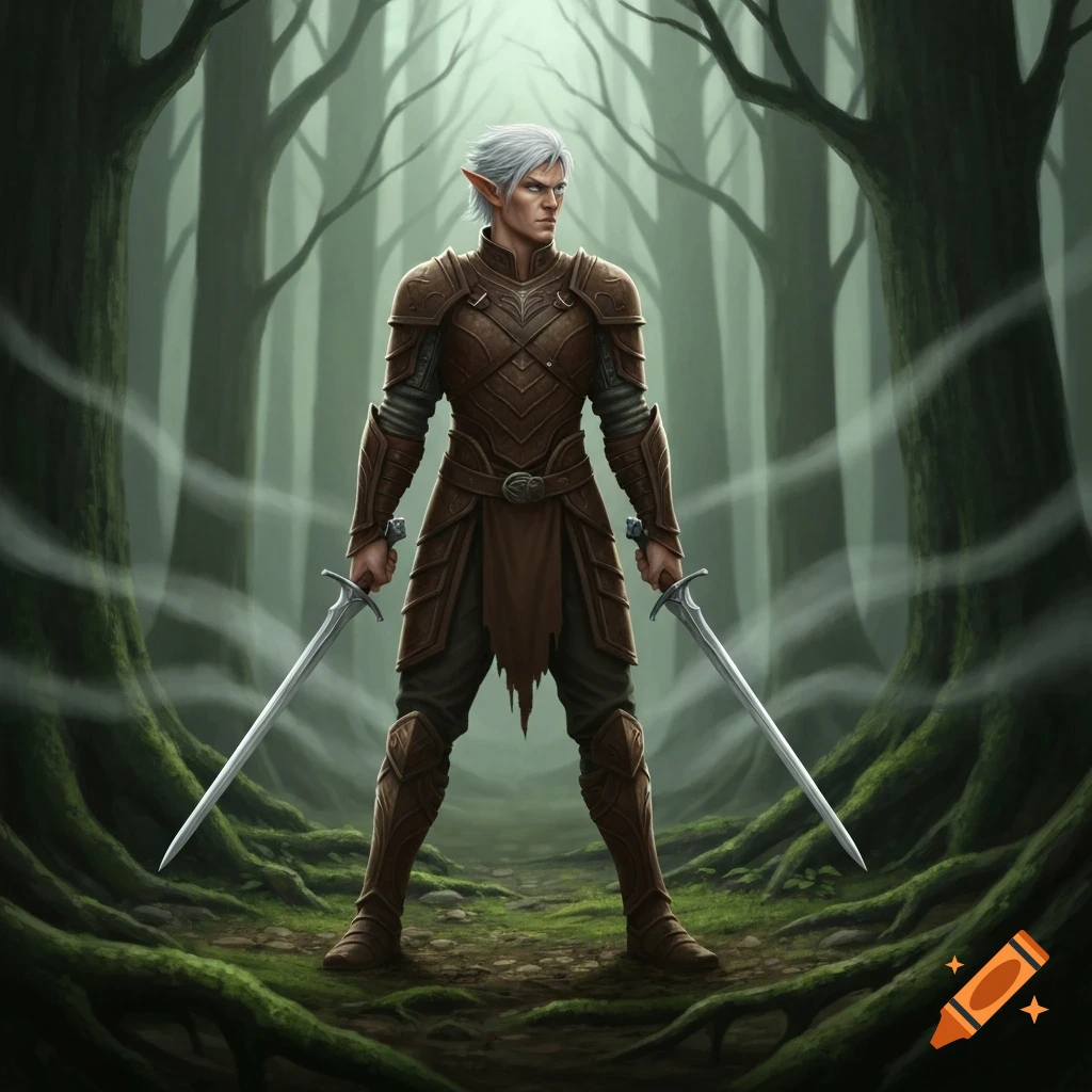 A male wood elf warrior in brown leather armor, with silver hair and eyes, stands in a gloomy forest holding two swords.