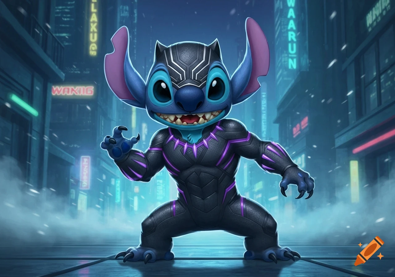 A vibrant illustration of Stitch from Disney's Lilo & Stitch, reimagined as Marvel's Black Panther, standing in a snowy cyberpunk city at night.