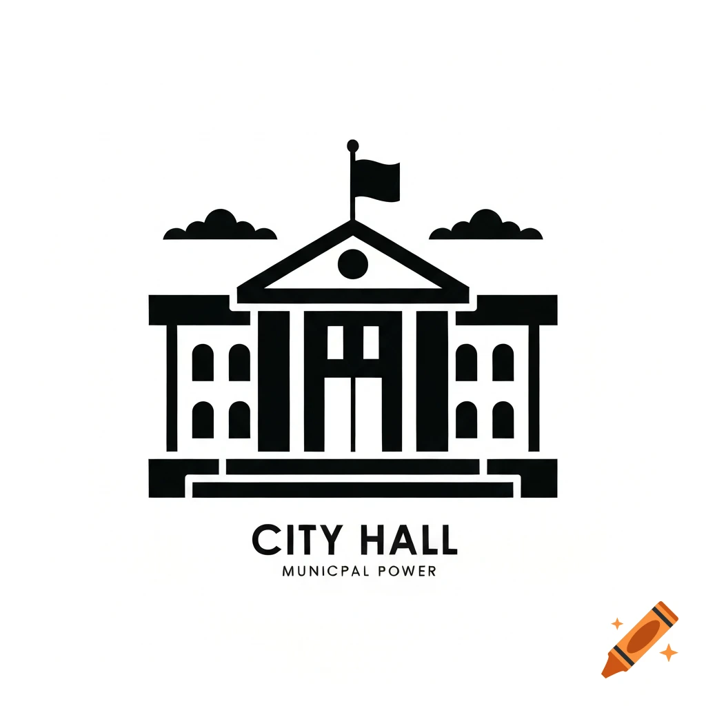 A minimalist black and white icon of a city hall building with a flag and text 'CITY HALL MUNICPAL POWER'.