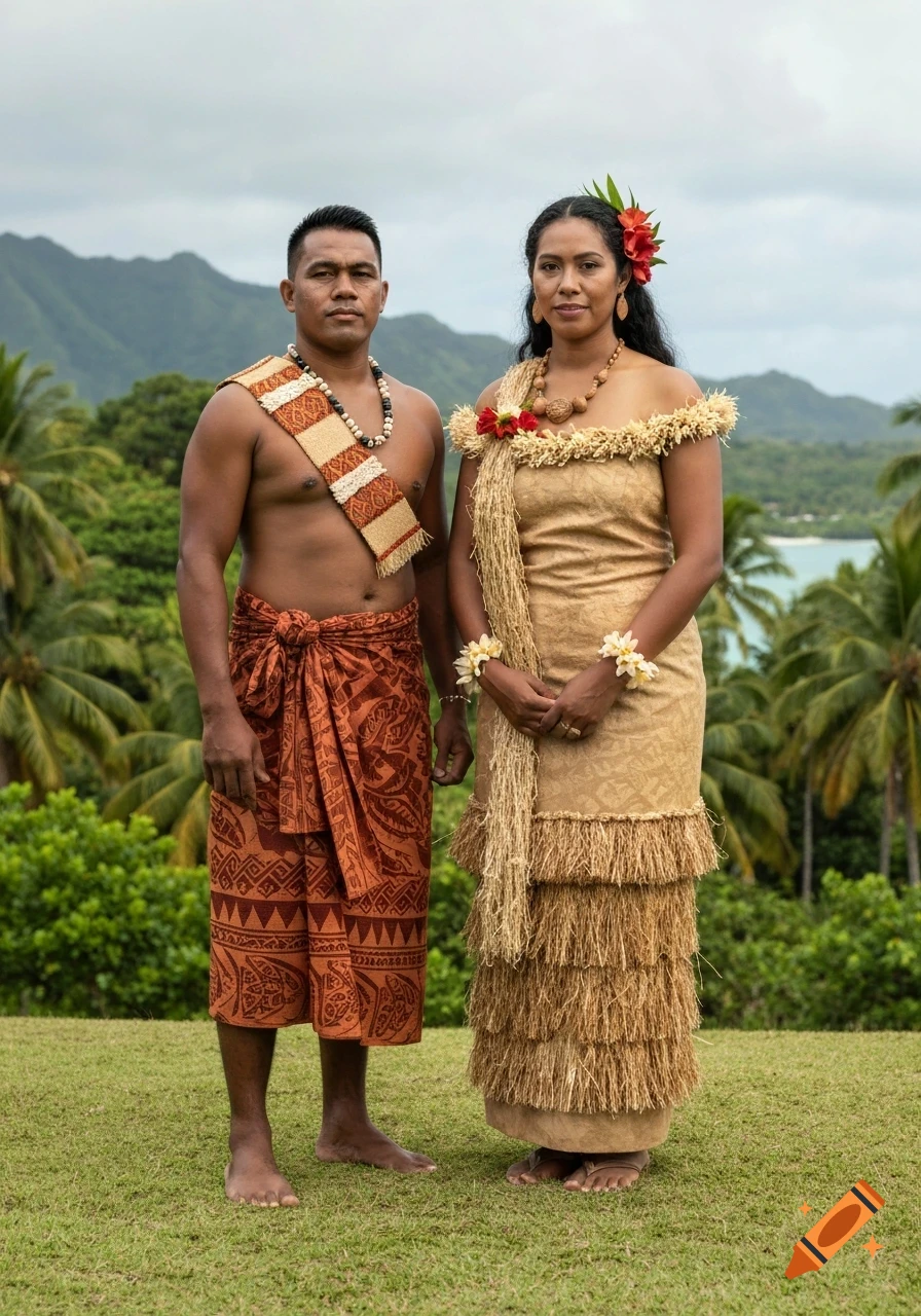 Two Tahitian people in traditional clothing stand on a grassy hill with a tropical island, mountains, and ocean in the background.
