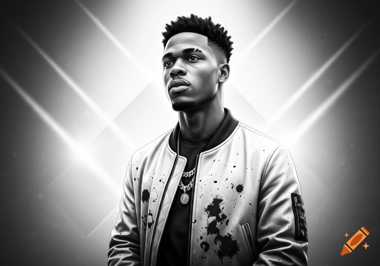 Black and white portrait of a young Black man in a white splatter-painted bomber jacket and chains, looking left against a streaked background.