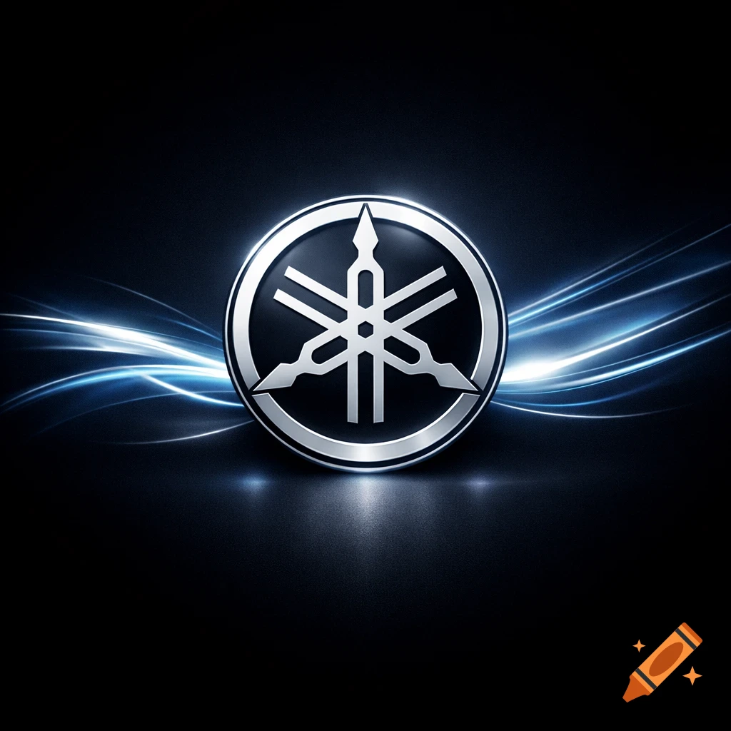 Metallic silver Yamaha logo with three intersecting tuning forks on a dark, reflective background with glowing blue light trails.