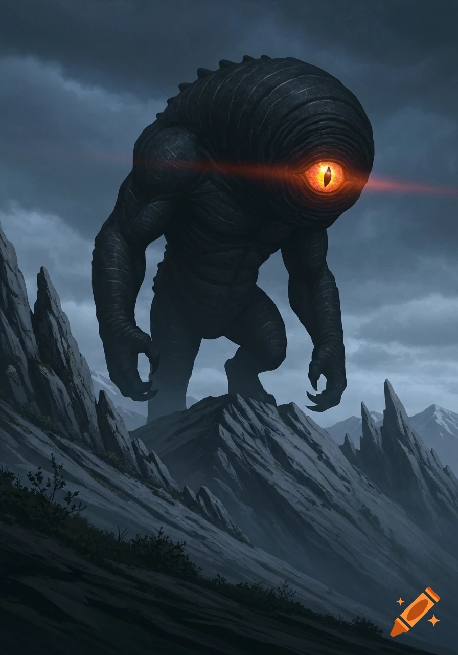 A giant, dark cyclops monster with a glowing orange eye stands atop jagged mountains under a stormy, cloudy sky.