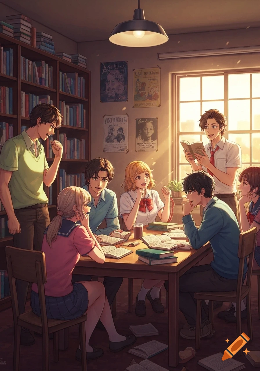 An anime drawing of seven students studying together at a wooden table in a sunlit library, surrounded by bookshelves and posters.