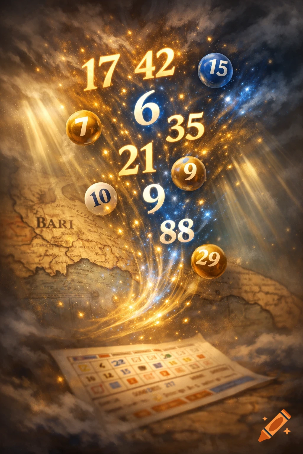 Floating, glowing lottery numbers rise from an old map with a blurred ticket below, surrounded by golden and blue light trails.