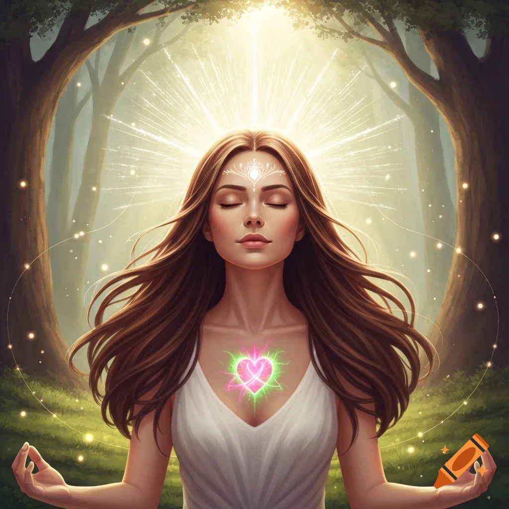 Woman meditating in a mystical forest with glowing white-gold crown chakra and pink-green heart chakra.