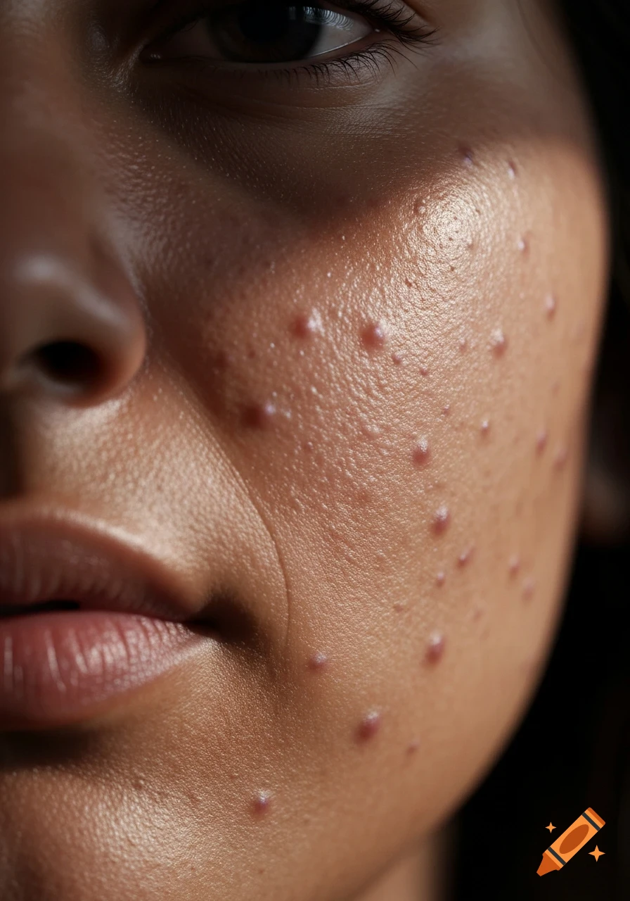 Close-up of a person's face showing visible acne, oiliness, and skin texture under natural light.