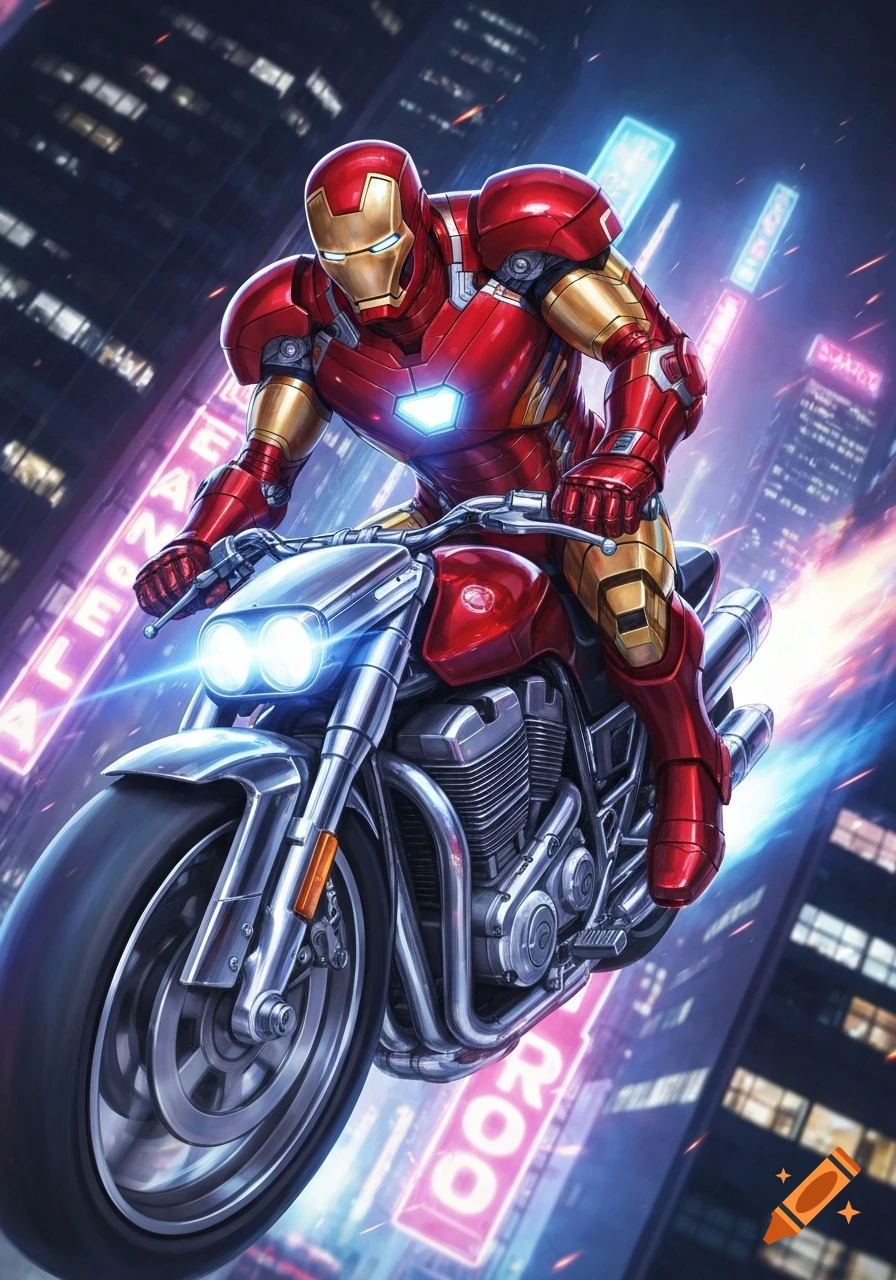 Iron Man rides a futuristic red motorcycle through a neon-lit city at night in a comic book art style.