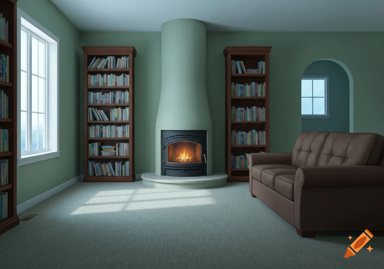 Ghibli-inspired living room with sage green walls, a lit fireplace flanked by tall wooden bookcases, a brown couch, and natural light.