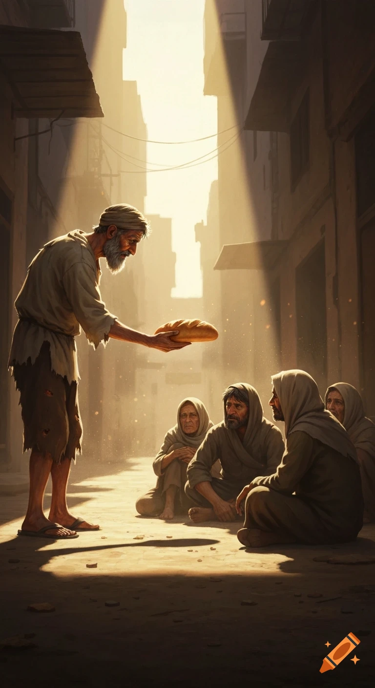 A man in rags offers a loaf of bread to a group of people sitting on the ground in a sunlit, dusty alley, digital painting.