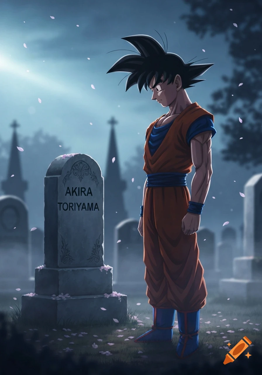Goku sadly contemplates a tombstone inscribed 'Akira Toriyama' in a misty cemetery under moonlight, an anime illustration.