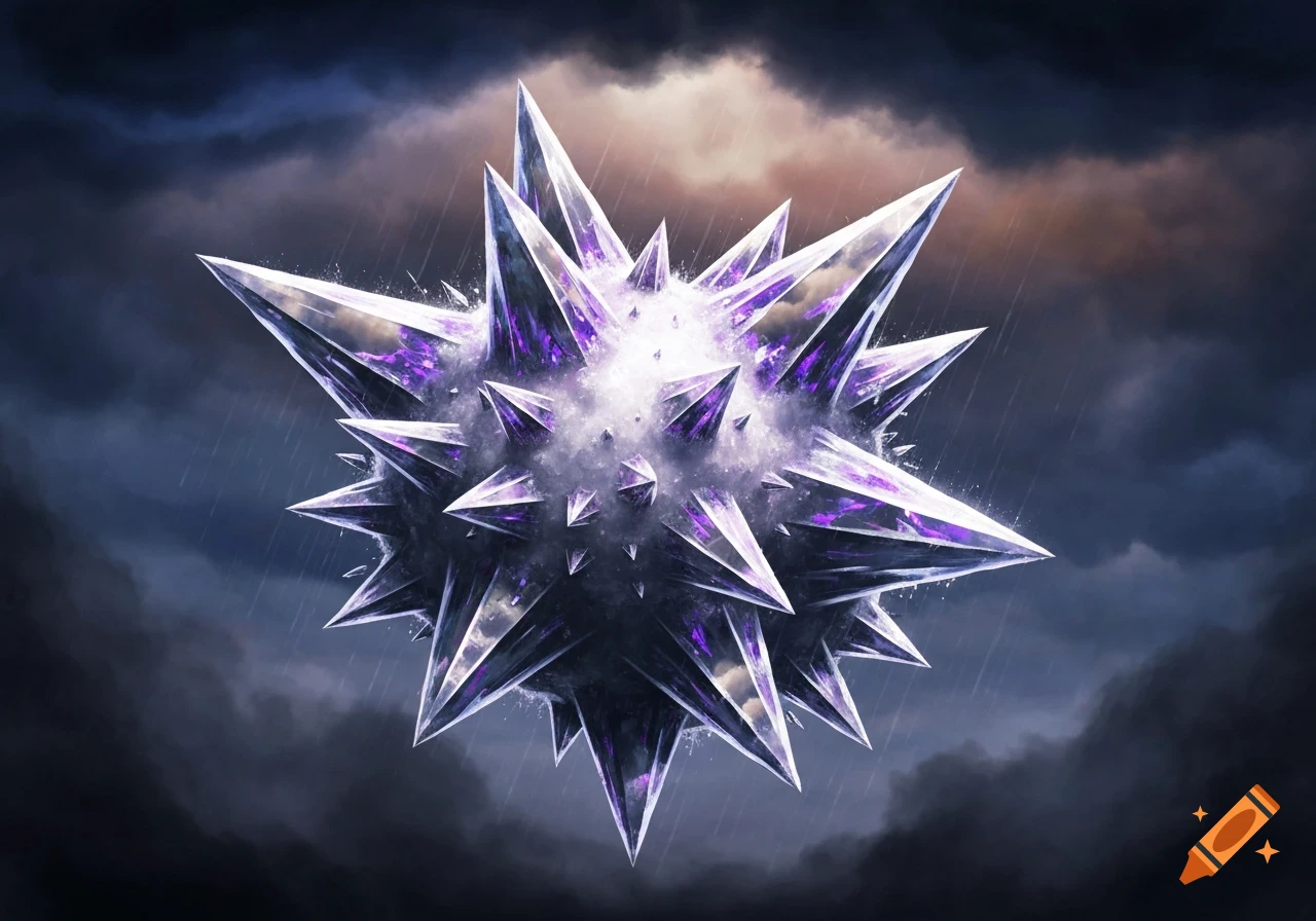 A spiky, purple-hued crystalline object resembling giant hail floats against a dark, stormy sky with rain.