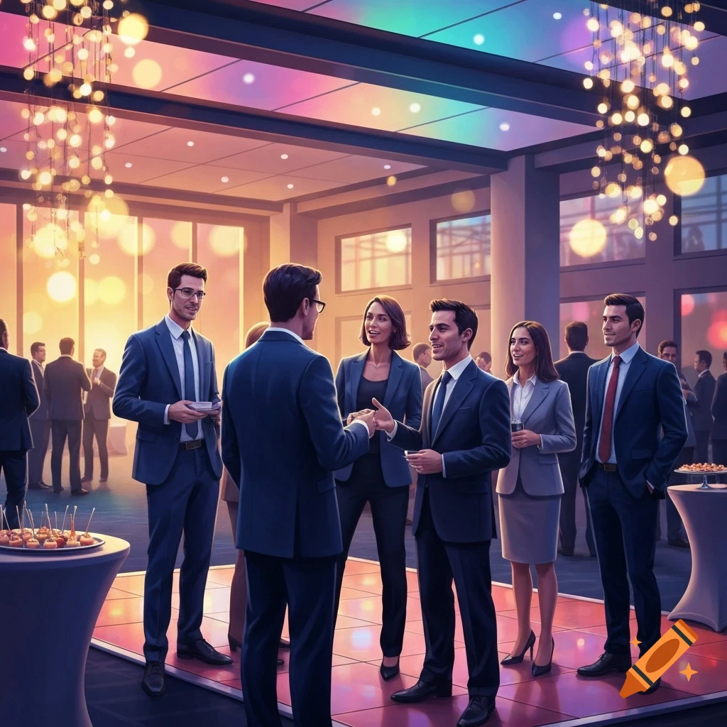 Business professionals socialize at a vibrant corporate event with chandeliers and colorful lighting.