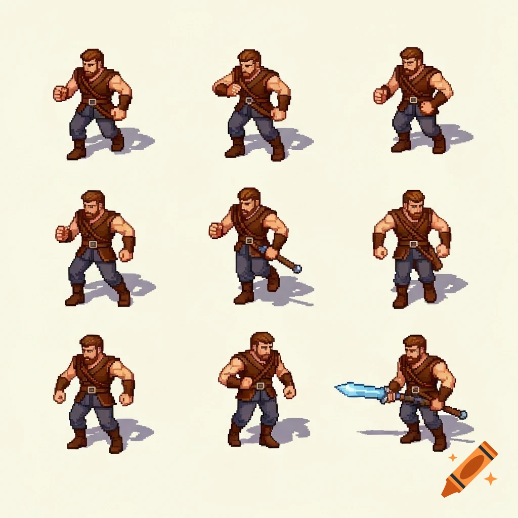 Pixel art sprites of a male adventurer in various movement poses, some holding a sword.