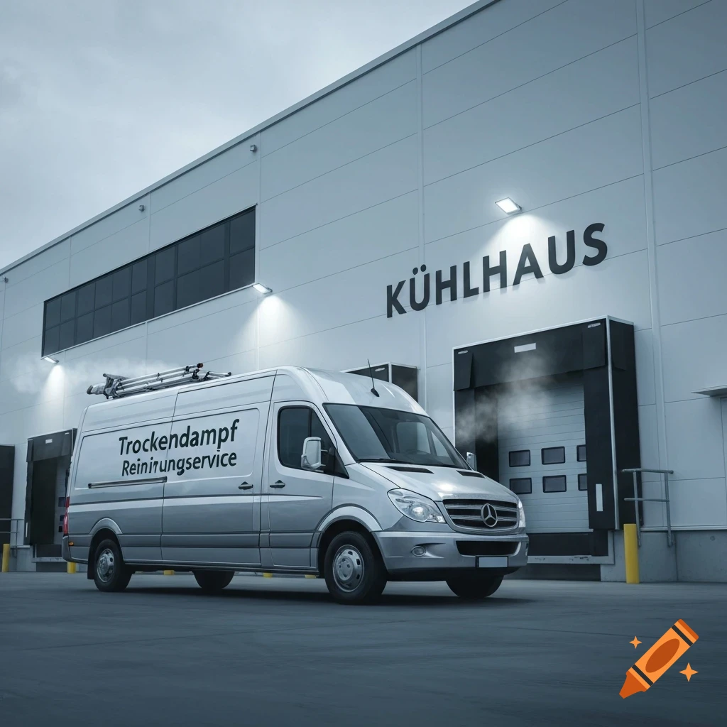 A silver Mercedes-Benz Sprinter van with "Trockendampf Reinigungsservice" on its side, parked in front of a white industrial building with "KÜHLHAUS" written on it, with steam emanating from the loading docks.