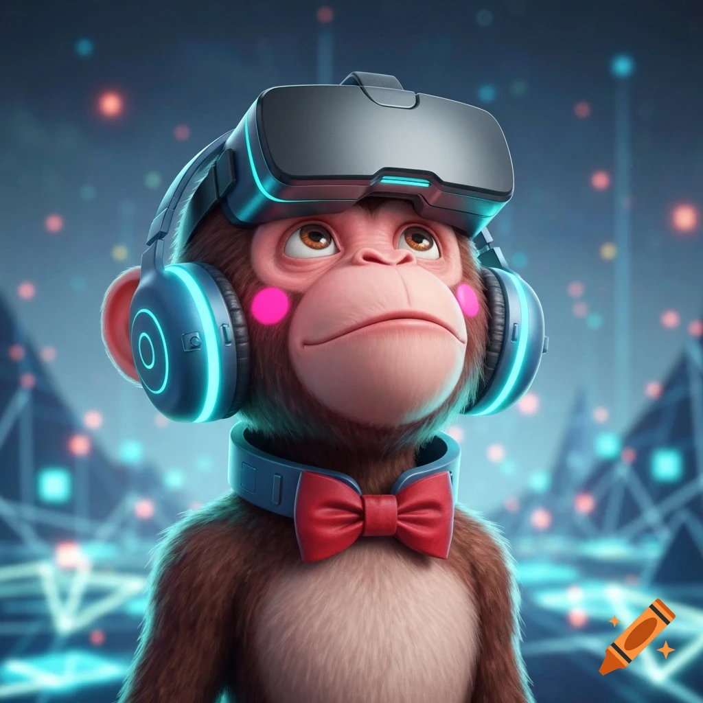 A stylized brown monkey in a VR headset, glowing blue headphones, and a red bowtie looks up in a futuristic digital environment.