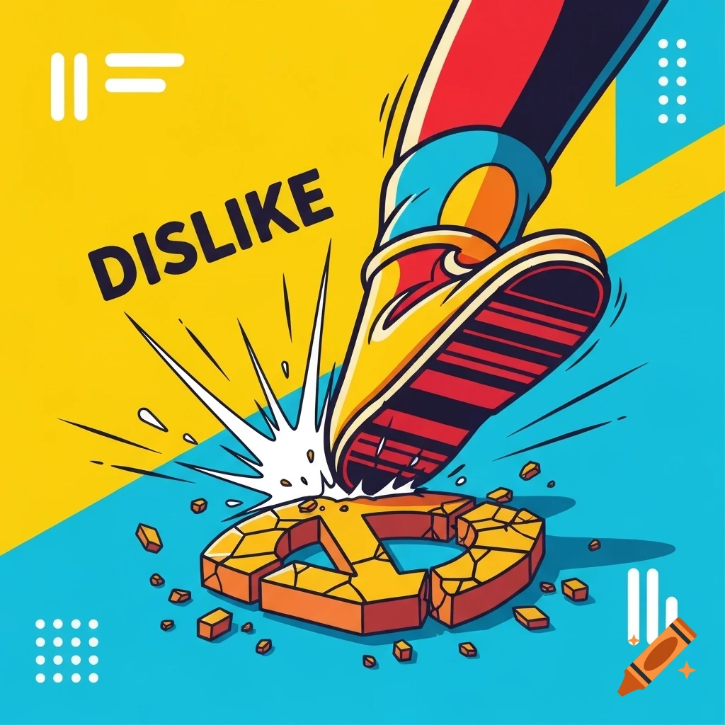 Cartoon foot in a yellow shoe stomping on a broken golden symbol, with 'DISLIKE' text on a yellow background.
