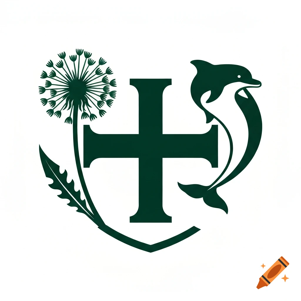 A dark green stylized family crest emblem featuring a cross, a dandelion, and a dolphin on a white background.
