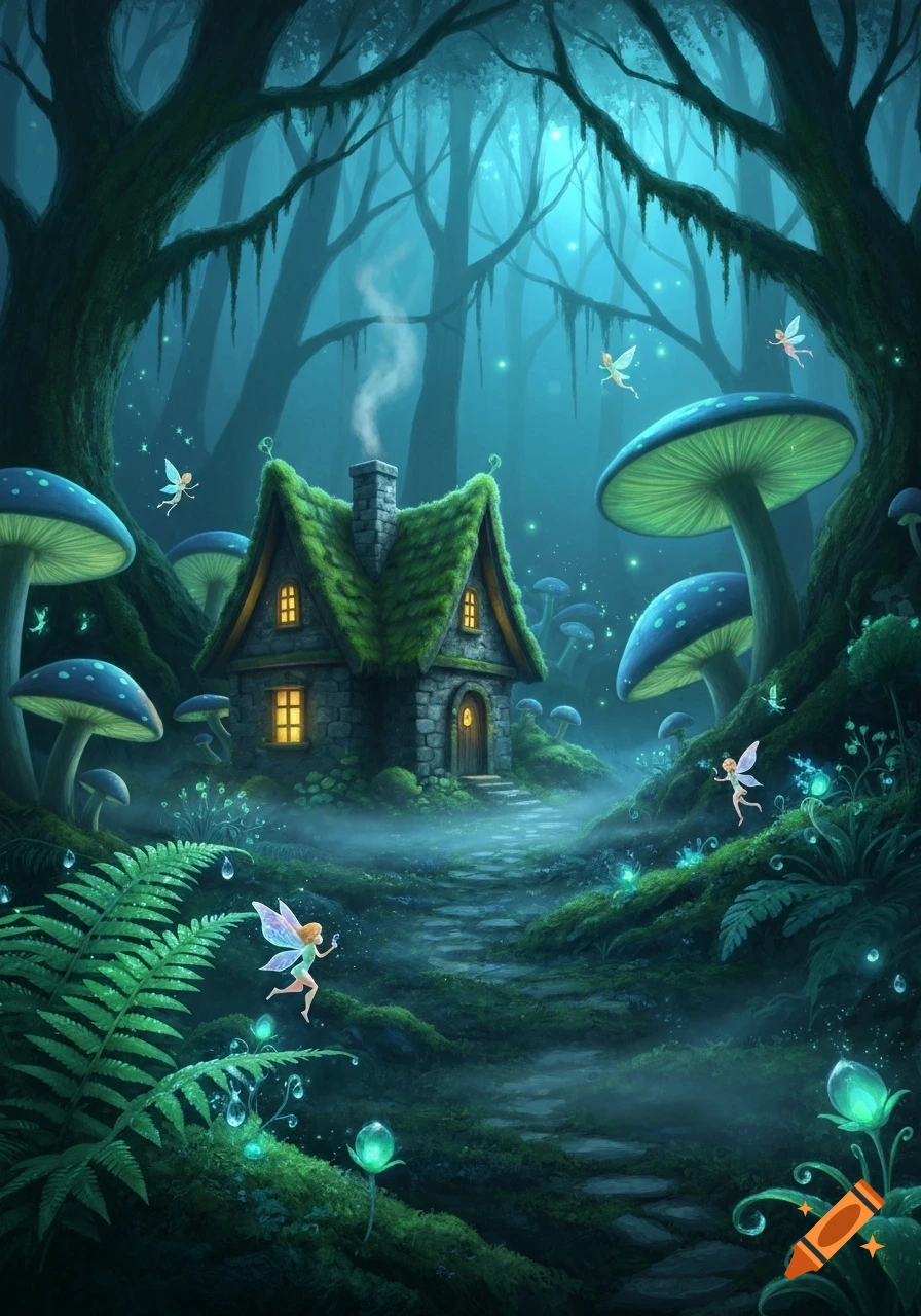A mystical, dark forest scene with a moss-covered cottage, glowing blue mushrooms, and tiny fairies flitting through the misty woods.