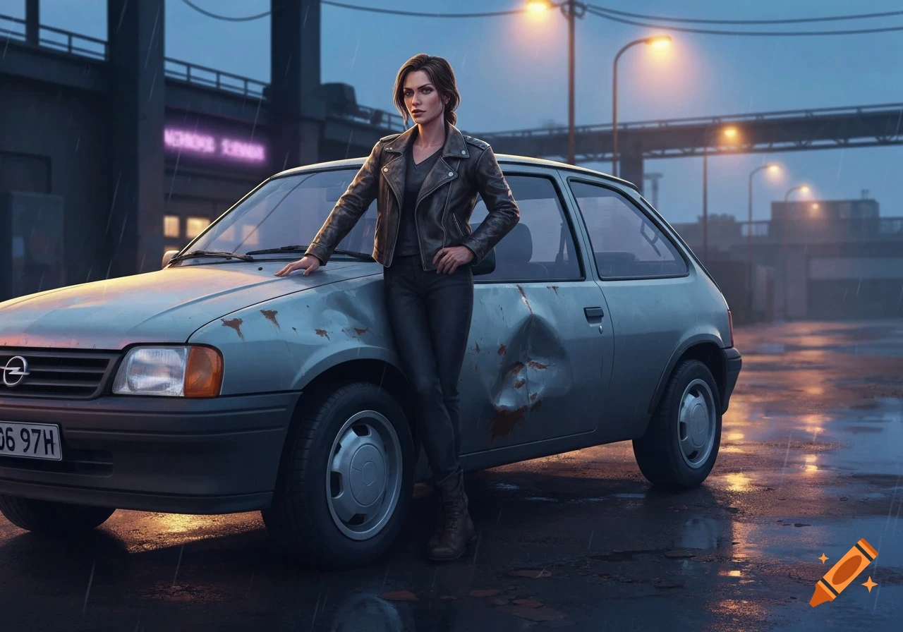 A woman in a leather jacket leans against a damaged grey car on a wet street at night, with city lights in the background.