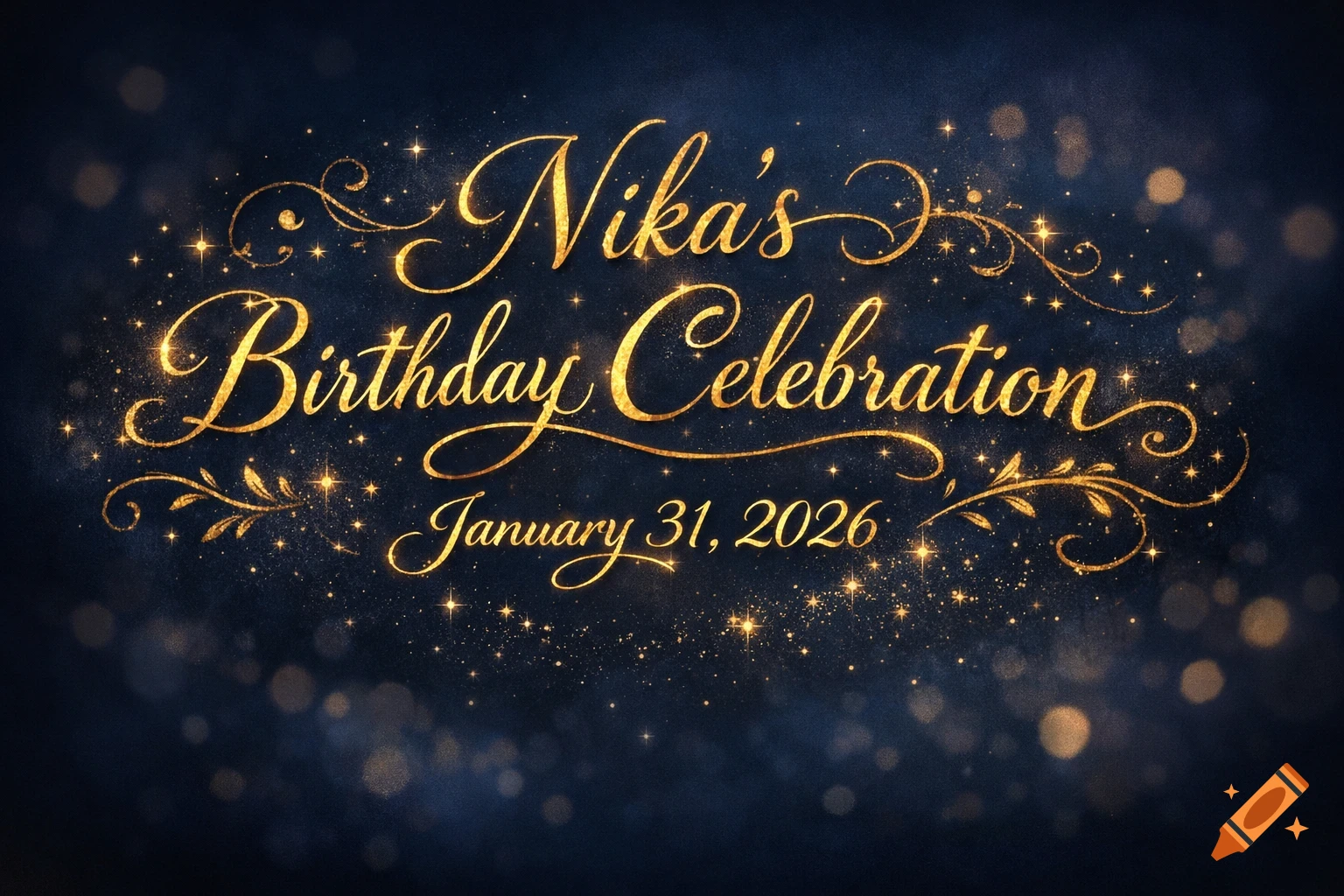 Golden, sparkling text on a dark blue background with bokeh lights, announcing 'Nika's Birthday Celebration January 31, 2026'.