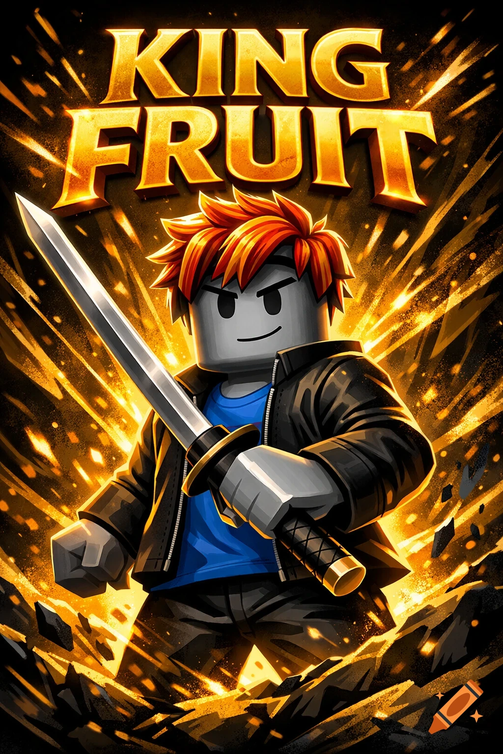Roblox-style character with orange hair, black jacket, and katana, against a golden fiery background with 'KING FRUIT' text.
