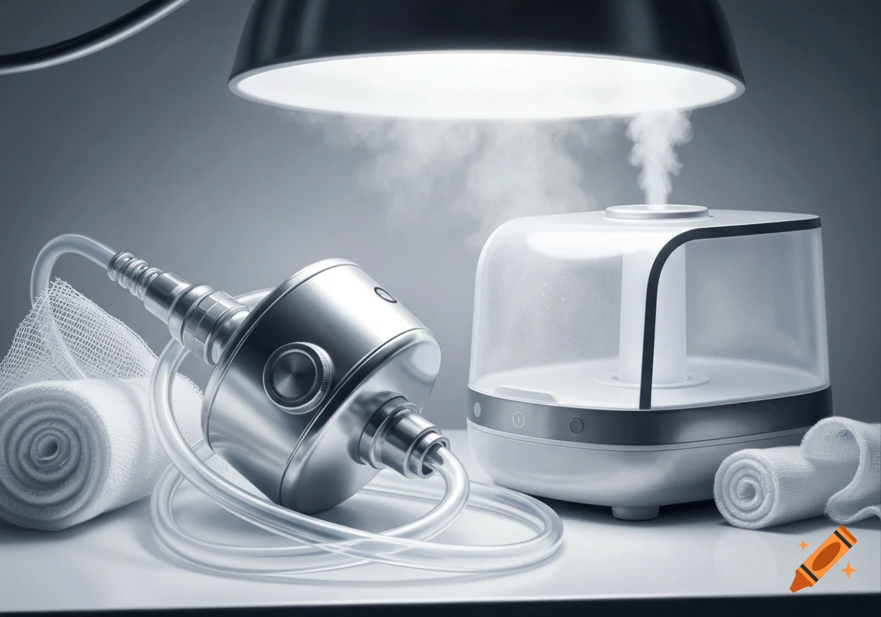 A still life of medical equipment, including a humidifier emitting steam, a metallic device with tubing, and rolled gauze, illuminated by a lamp.