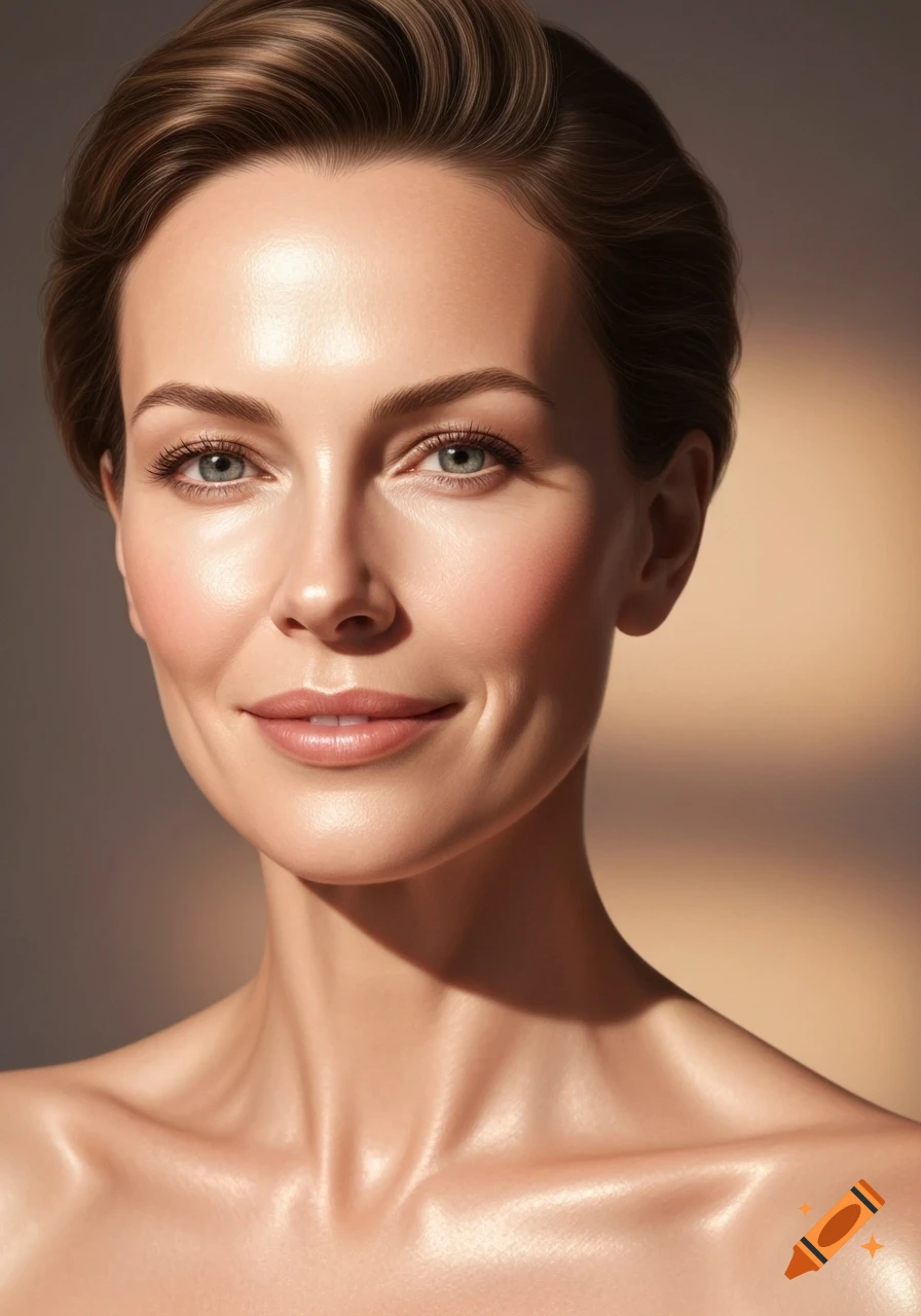 Close-up photorealistic portrait of a smiling woman with clear skin and brown hair, illuminated by warm sunlight.