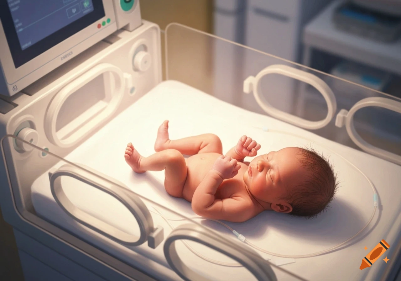 A sleeping premature baby lies in a medical incubator in a hospital setting.