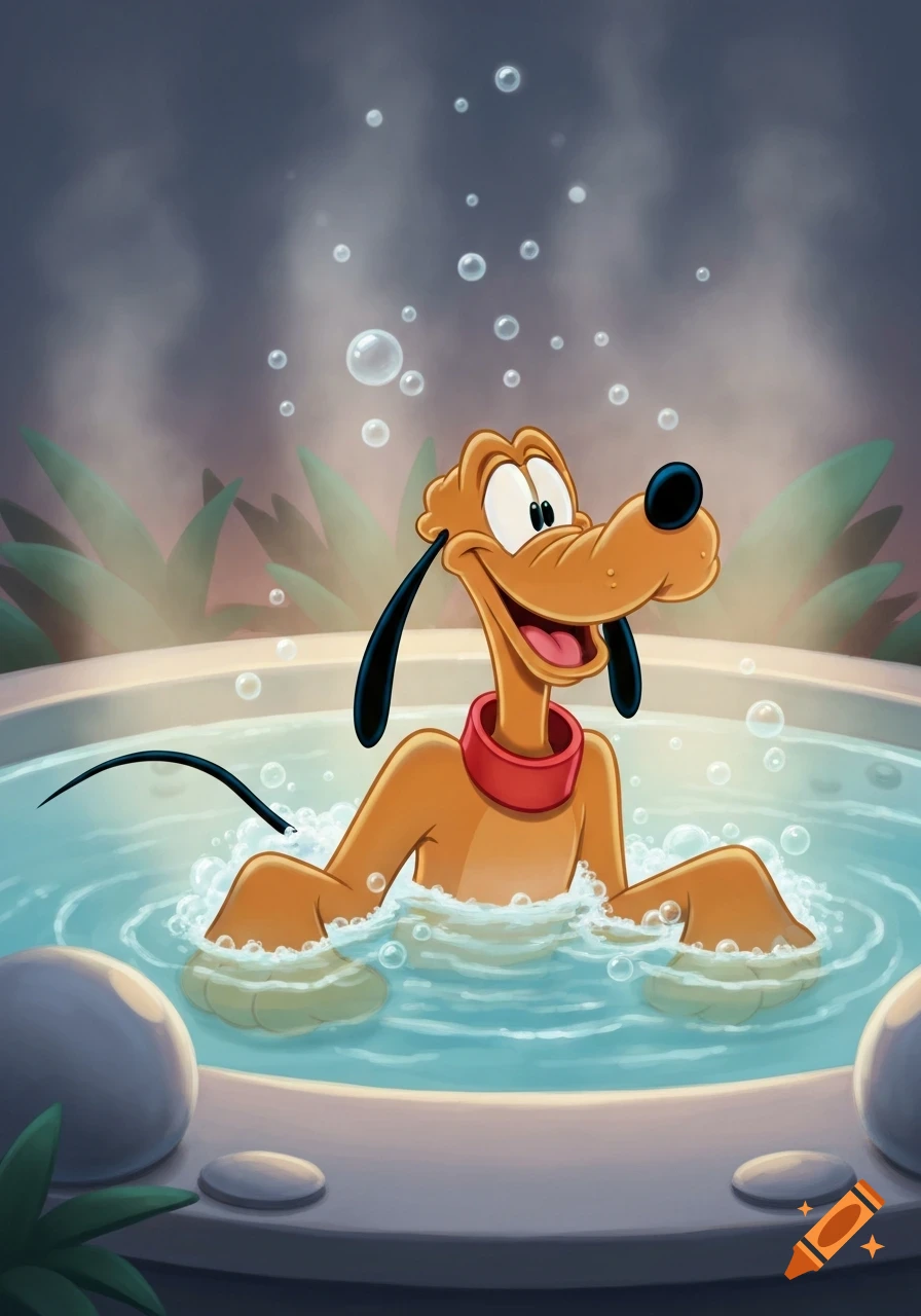 Disney's Pluto, a yellow dog, happily relaxing chest deep in a bubbly hot tub bath spa in a cartoon style.