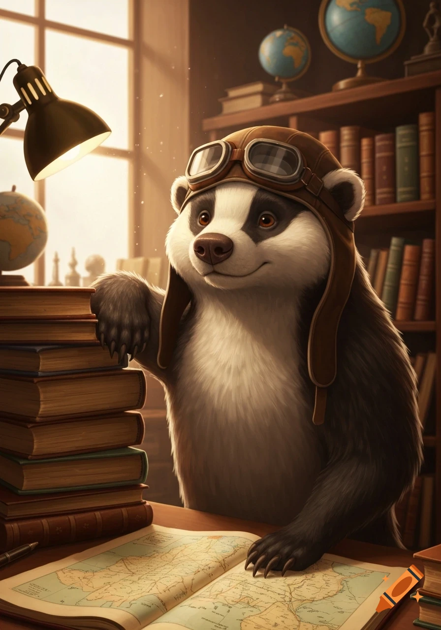 A cute anthropomorphic badger wearing a pilot's cap and goggles stands by a stack of books, looking at a map on a desk in a cozy study with globes and bookshelves.