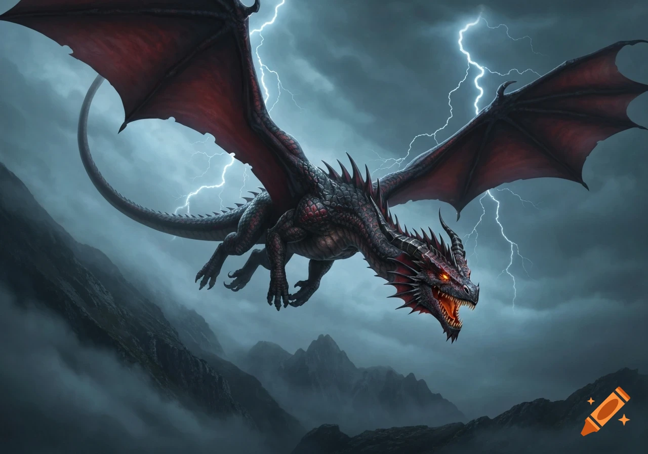 A black and red dragon with glowing eyes and large wings flies through a stormy sky with lightning over dark mountains.