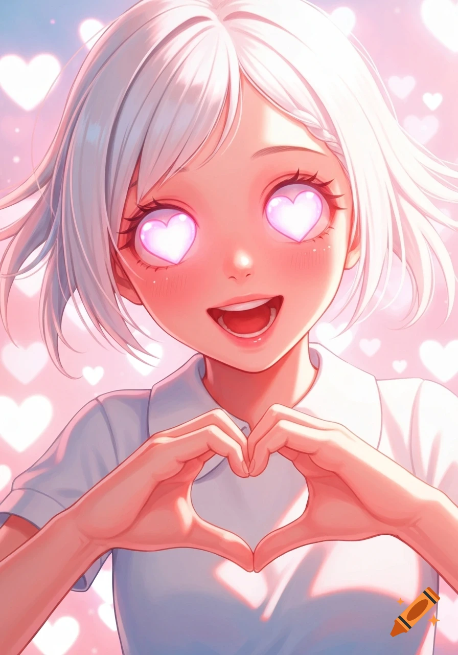 Anime girl with white hair and glowing heart eyes smiles, making a heart gesture with her hands against a pink background with hearts.