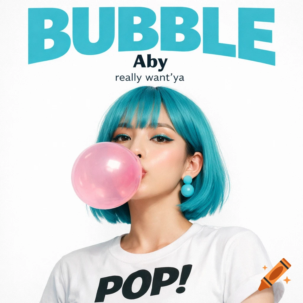 A woman with short blue hair and blue earrings blows a large pink bubblegum bubble. Text reads 'BUBBLE Aby really want'ya POP!' on a white background.