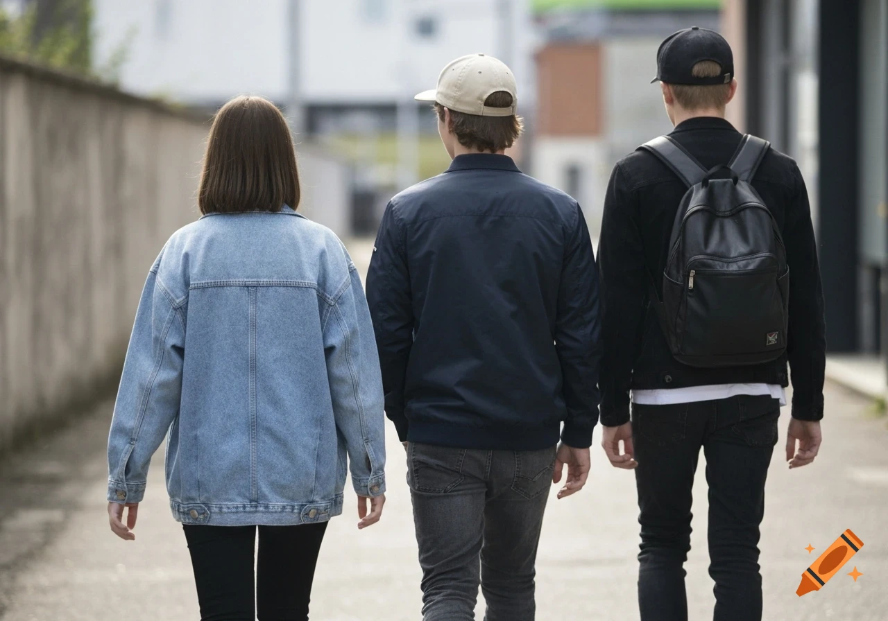 Three young people, a girl and two boys, walk away from the camera on a paved path next to a concrete wall.