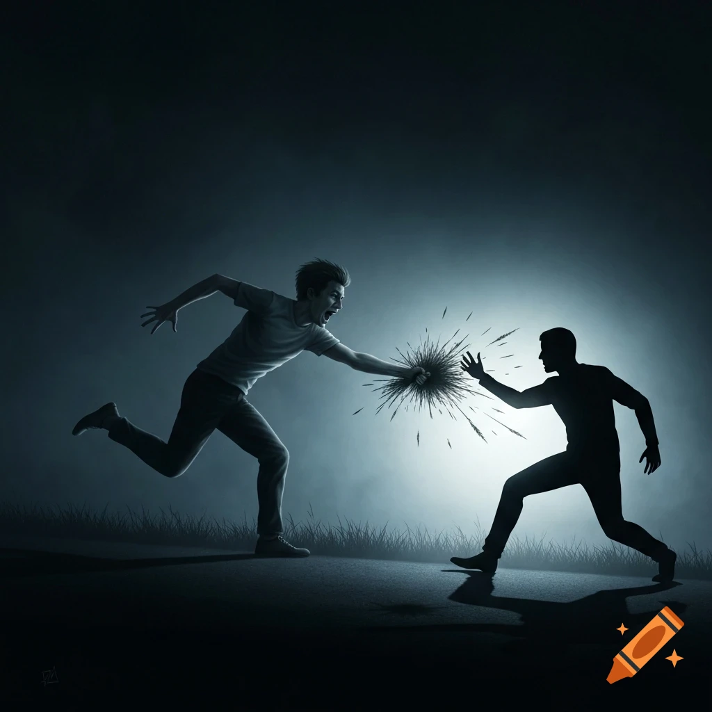 A stylized illustration of a screaming man running in the dark ...