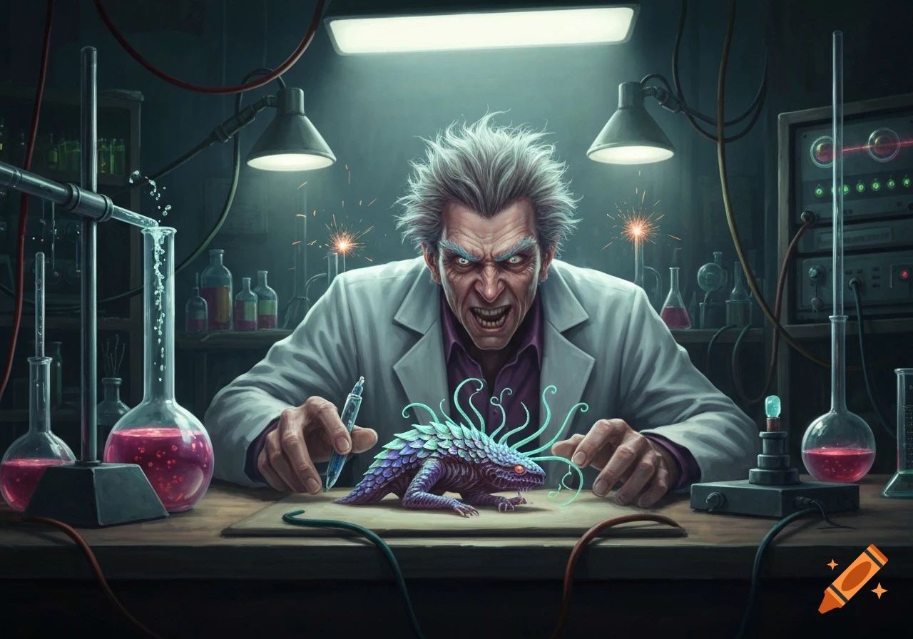 A crazed mad scientist with wild hair in a lab coat intently examines a fantastical, spiky creature on a lab bench amidst beakers and wires, in an illustrative style.