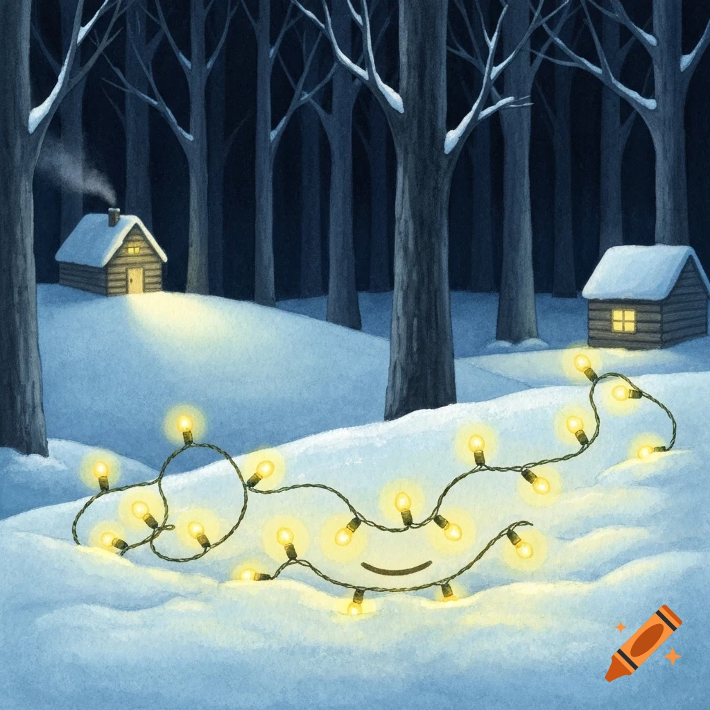A whimsical watercolor illustration of a string of glowing Christmas lights forming a smiling face in the snow, set against a dark winter forest with cozy cabins.