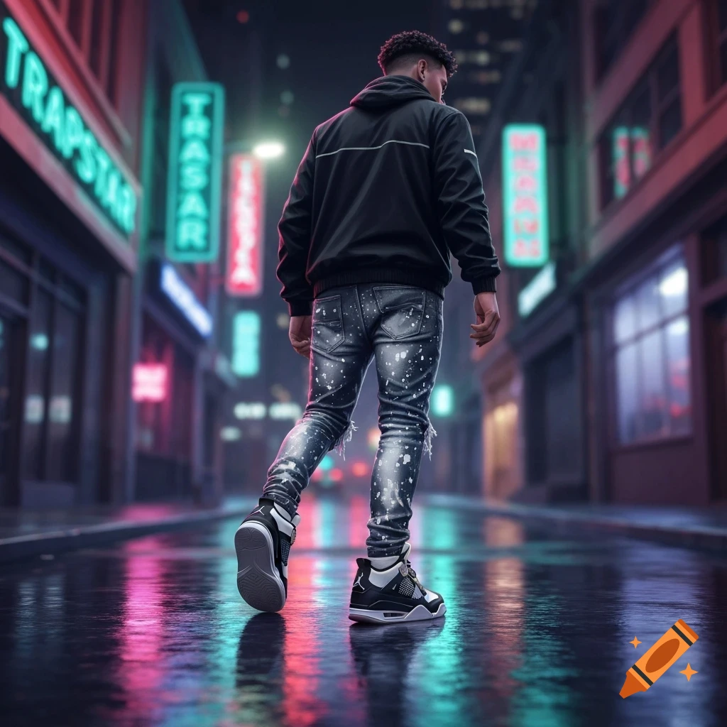 A person in a black hoodie, paint-splattered jeans, and black and white sneakers walks down a neon-lit, wet city street at night, seen from behind.