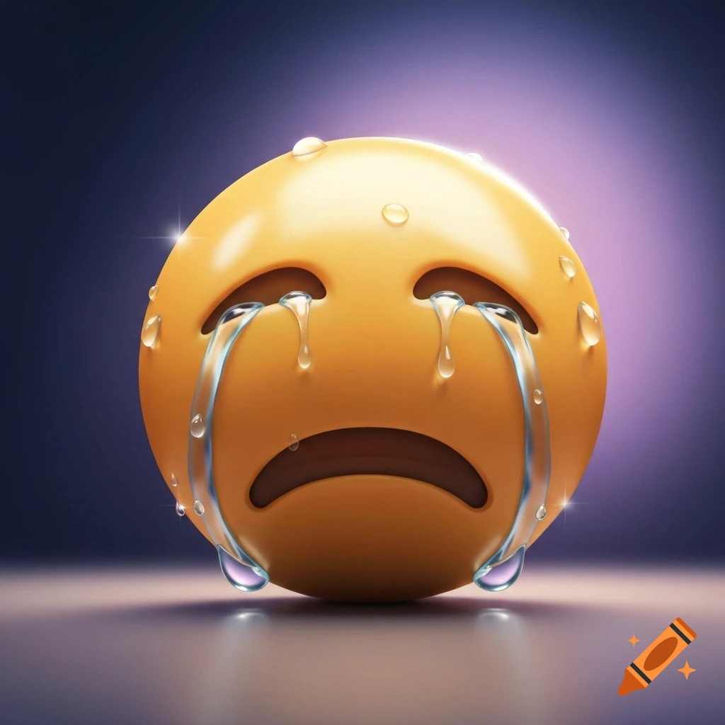 A close-up of a glossy, yellow crying face emoji with large tears streaming down and many water droplets on its surface, against a purple background.
