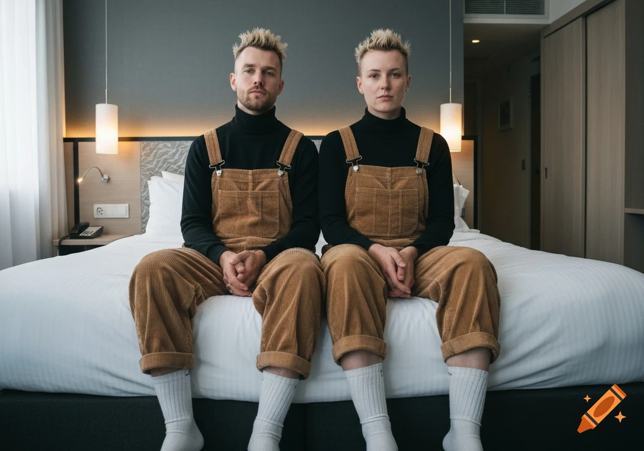 A man and woman with spiky blonde hair, wearing corduroy overalls and black turtlenecks, sit side-by-side on a white bed in a hotel room.